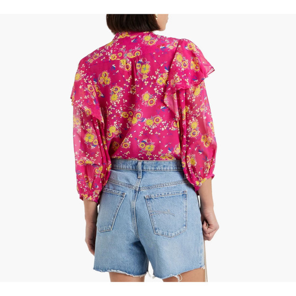 Saloni Chloe Silk Floral Blouse Top Size 4 Pink Button Front Ruffles Feminine - Picture 10 of 14